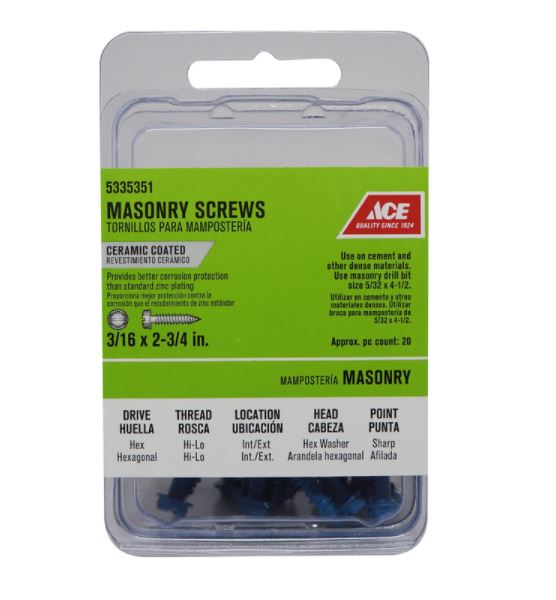 Ace 3/16 in. x 2-3/4 in. L Slotted Hex Washer Head Masonry Screws 20 pk