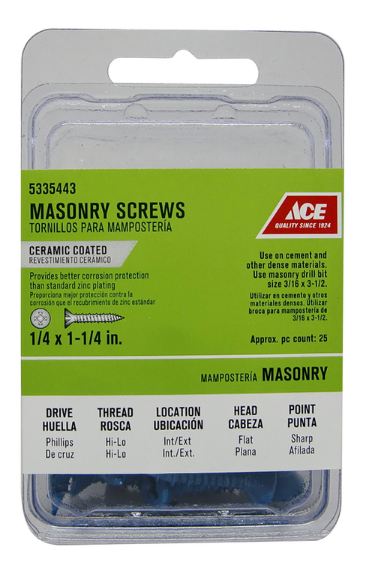 Ace 3/16 in. x 2-3/4 in. L Phillips Flat Head Masonry Screws 20 pk