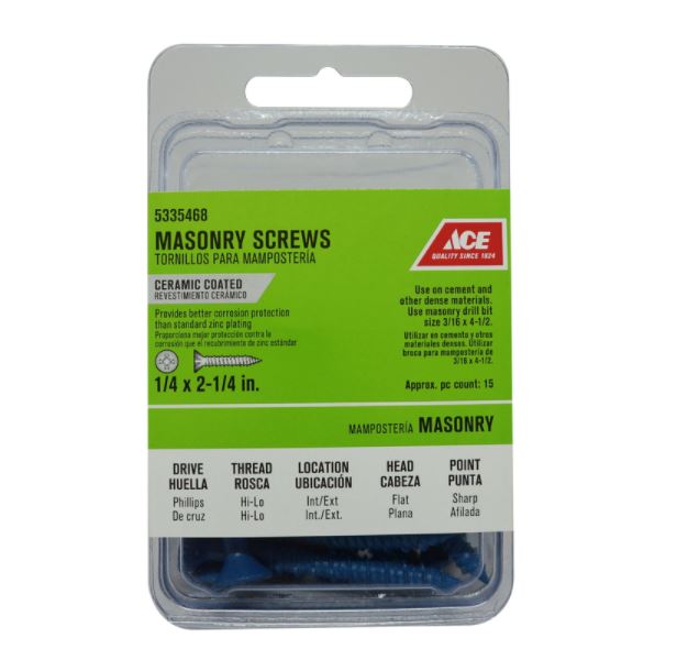 Ace 1/4 in. x 2-1/4 in. L Phillips Flat Head Masonry Screws, 15 pk