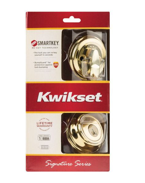 Kwikset Polished Brass Metal Deadbolt.