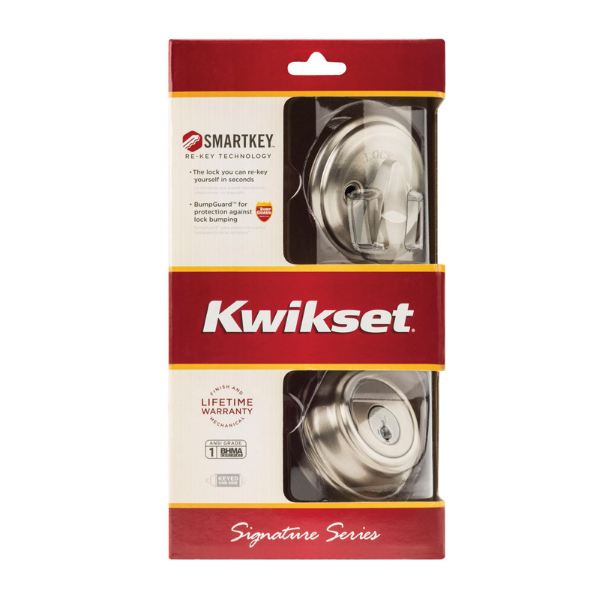 Kwikset Satin Nickel Metal Deadbolt.