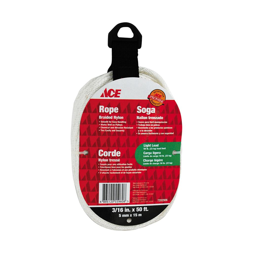 Rope Solid Braided Nylon 5Mm X 15M (3-16In X 50Ft), Light Load White Ace.