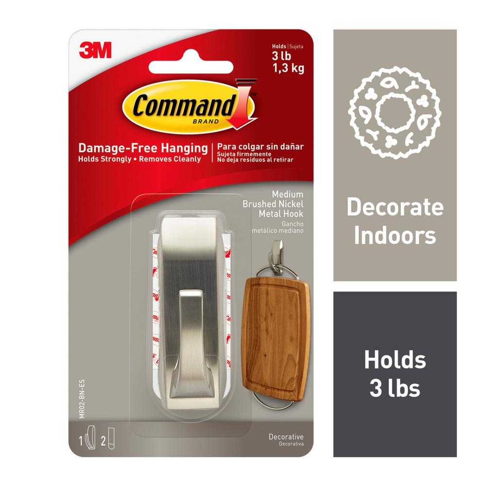 Command 3-1/8 in. L Brushed Nickel Metal Medium Hook 3 lb. capacity 1 pk
