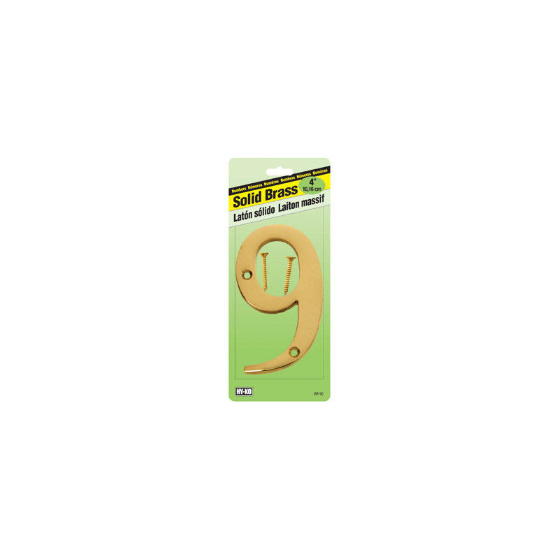 Polished 9 House Number 4In (10.2Cm) Solid Brass Hy-Ko