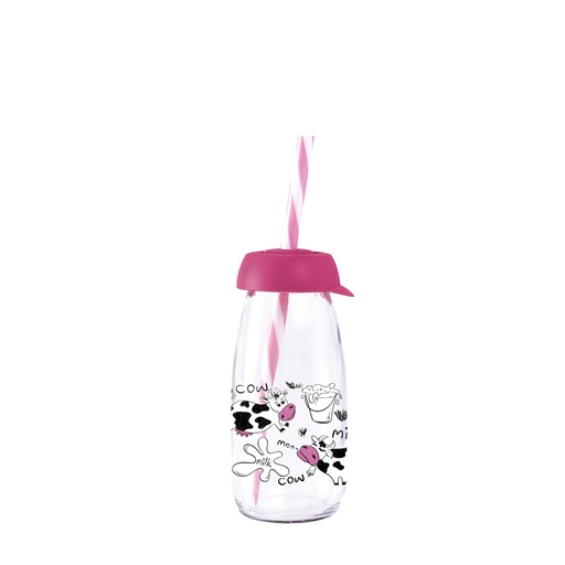 250 cc Decorated Bottle with Straw-Dark Pink-Cow & Milk