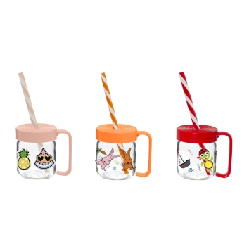 200 cc Decorated Mug-Fruits-Rabbit-Tortoise-Double Colour Straw-SCT