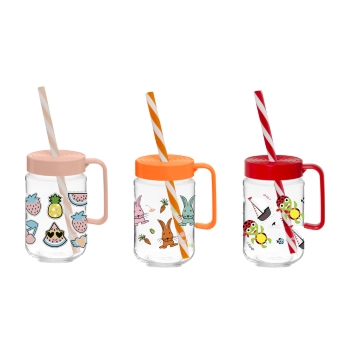 370 cc Decorated Mug-Fruits-Rabbit-Tortoise-Double Colour Straw-SCT