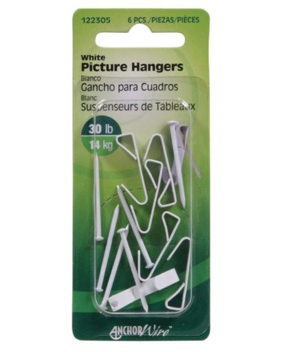 Hillman AnchorWire Steel-Plated White Standard Picture Hanger 30 lb. 6 pk
