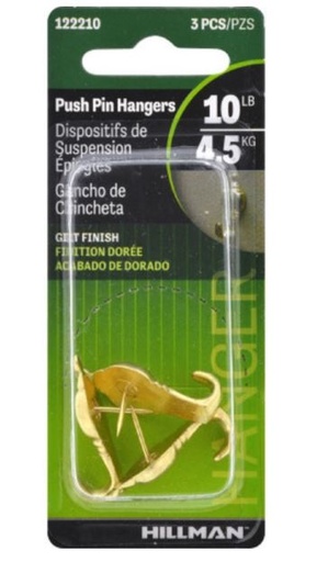 Hillman AnchorWire Gilt Push Pin Picture Hook 10 lb. 3 pk Steel