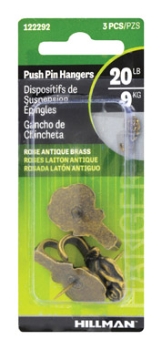 Hillman AnchorWire Antique Brass Push Pin Picture Hook 20 lb. 3 pk