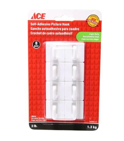 Picture Hook 2.54Cm X 2.54Cm (1In X 1In) 1.36Kg, (3Lbs) Self Stick White Ace
