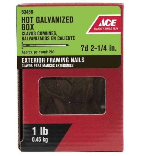 Ace 7D 2-1/4 in. Box Hot-Dipped Galvanized Steel Nail Flat 1 lb.