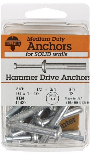Hillman 1/4 in. Dia. x 1-1/2 in. L Zinc Round Head Hammer Drive Anchor 12 pk