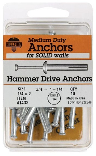 Hillman 1/4 in. Dia. x 2 in. L Zinc Round Head Hammer Drive Anchor 10 pk