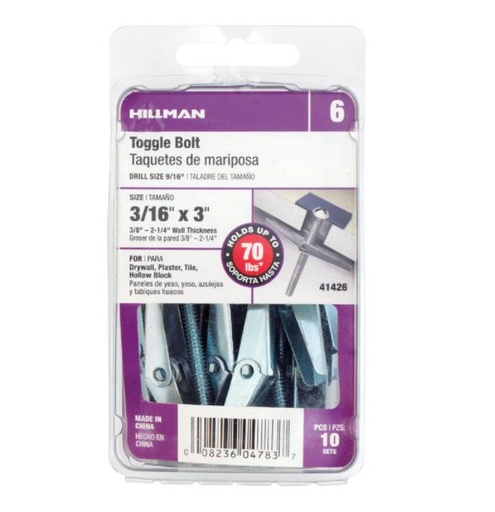 Hillman 3/16 in. Dia. x 3 in. L Round Steel Toggle Bolt 10 pk