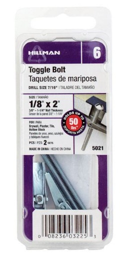 Hillman 1/8 in. Dia. x 2 in. L Round Steel Toggle Bolt 2 pk
