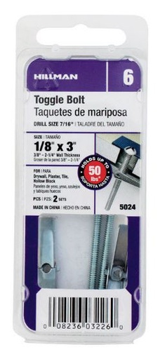 Hillman 1/8 in. Dia. x 3 in. L Round Steel Toggle Bolt 2 pk