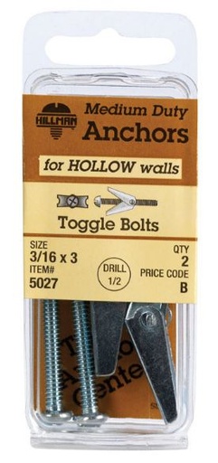 Hillman 3/16 in. Dia. x 3 in. L Round Steel Toggle Bolt 2 pk
