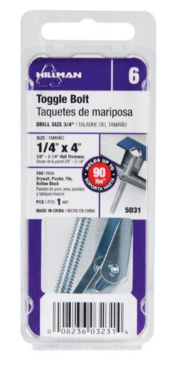 Hillman 1/4 in. Dia. x 4 in. L Round Steel Toggle Bolt 1 pk