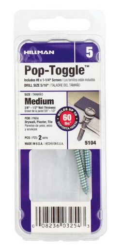 Hillman 3/8 in. Dia. x 3/8 in. Medium in. L Zinc Pan Head Pop-Toggle Anchors 2 pk