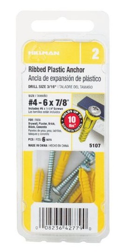 Hillman 0.164 in. Dia. x 7/8 in. L Plastic Pan Head Ribbed Anchor 6 pk
