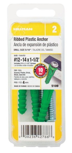 Hillman 1/4 in. Dia. x 1-1/2 in. L Plastic Pan Head Ribbed Anchor 4 pk