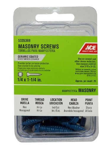 Ace 1/4 in. x 1-1/4 in. L Slotted Hex Washer Head Masonry Screws 25 pk