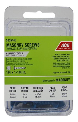 Ace 3/16 in. x 2-3/4 in. L Phillips Flat Head Masonry Screws 20 pk