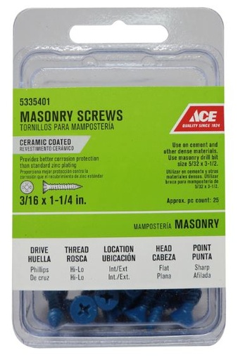 Ace 3/16 in. x 1-1/4 in. L Phillips Flat Head Masonry Screws 25 pk