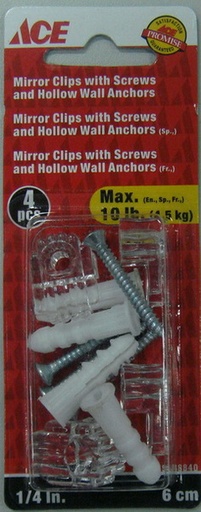 Mirror Clips Holders .64Cm (25In), Adjustable With Anchors Card Of 4 Steel Zinc Ace