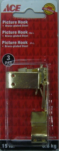 Picture Hooks Heavy Metal 52.16Kg (15Lbs) Brass Plated Card Of 3 Ace