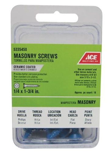 Ace 1/4 in. x 1-3/4 in. L Phillips Flat Head Masonry Screws 18 pk