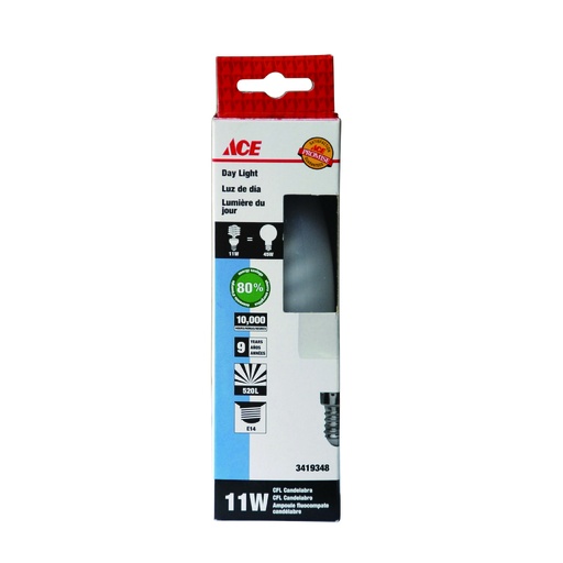 CANDELABRA CFL BULB 11 WATT DAY LIGHT E14 220-240V 50-60HZ CE ACE