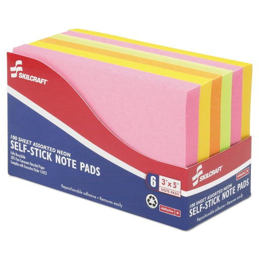 Self-Stick Note Pads, 3 In X 5 In, Unruled, Assorted Neon Colors